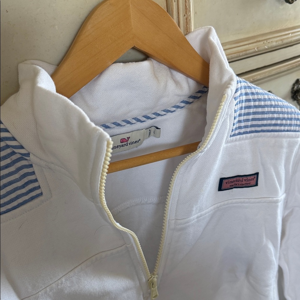Vineyard Vines White Quarter-Zip Shep Shirt with Light Blue Seersucker Trim - Picture 2 of 4